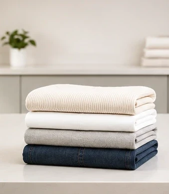 A neat stack of freshly washed and folded towels and linens on a clean counter.